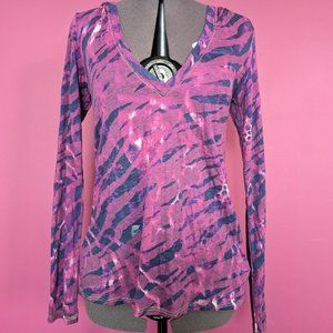 Erge Karen Hooded Burnout V-neck Long-Sleeve Top in Fuchsia/Navy Zebra Print XS